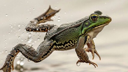 Fototapeta premium Dynamic green frog jumping through water with droplets flying