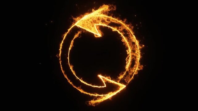 Fiery circular arrow made from flames rotating with glowing embers dynamic energy abstract motion visual
