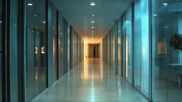 Modern empty office corridor glass walls reflections