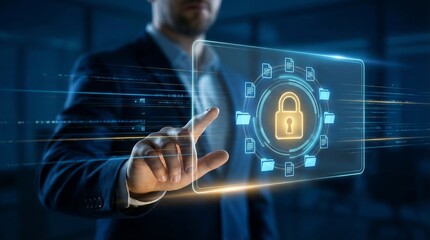 Businessman interacting with a futuristic digital security interface featuring a glowing lock icon, conveying a sense of safety and data protection in a modern business setting.
