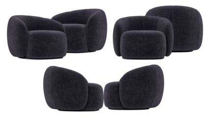 set of three modern dark blue upholstered swivel chairs with ottomans, displayed in a living room or lounge setting, 3d render.