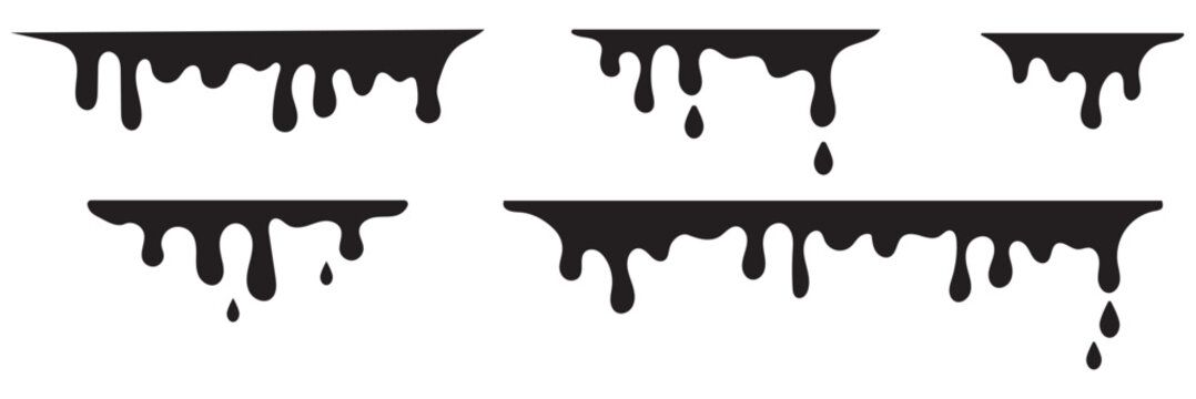 Ink drip and blob paint, splatter and splash set. Black dripping ink. ink seamless pattern. Liquids dripping paint drop. Various dripping black paint