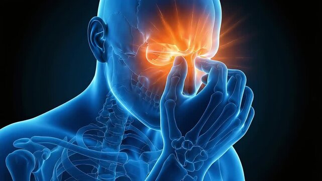 3D illustration of a human head skeleton visualizing sinusitis and back of nose pain
