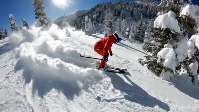 Skier carves fresh powder on sunny mountain slope, creating large spray, enjoying dynamic turns and perfect winter conditions