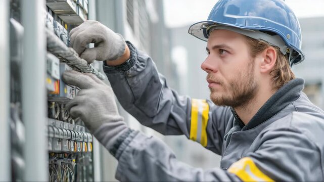 Industrial electrician repairing electrical panel