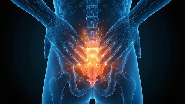 A medical animation that visualizes lower back and pelvic pain, with the area around the sacrum glowing red.