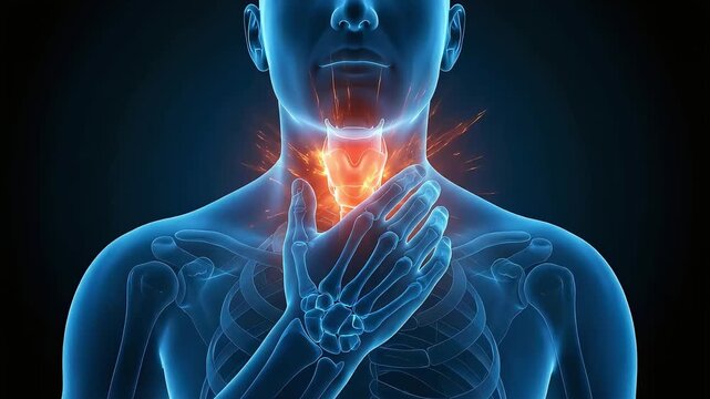 3D animation of human anatomy highlighting sore throat and inflammation