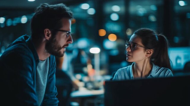 Colleagues collaborating late in modern office