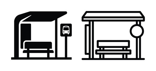 Fototapeta premium Bus stop icon set with bench and bus sign, public transport shelter icon vector illustration