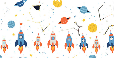 Cute Space Rocket Pattern with Planets, Stars, Constellations and Cartoon Spaceship Elements Seamless Vector Illustration © Sumon Creative