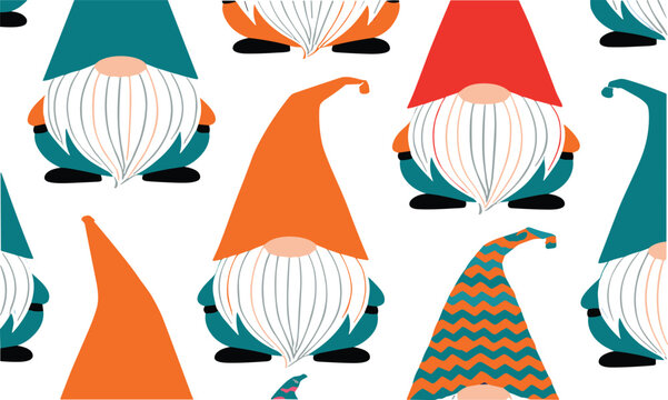 Cute Scandinavian Gnome Pattern with Funny Bearded Characters, Colorful Hats and Playful Nordic Folk Style Vector Illustration