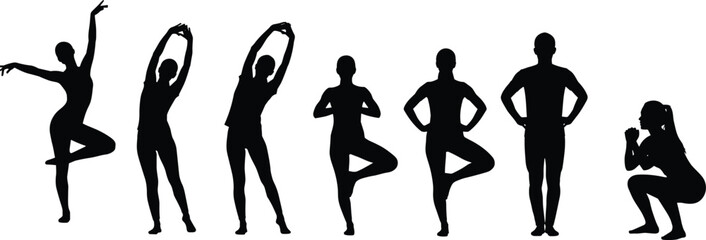 Fototapeta premium Silhouette Set of People Doing Yoga Poses Fitness Exercises Gymnastics Ballet Dancing and Squats Isolated on White Background Vector Illustration