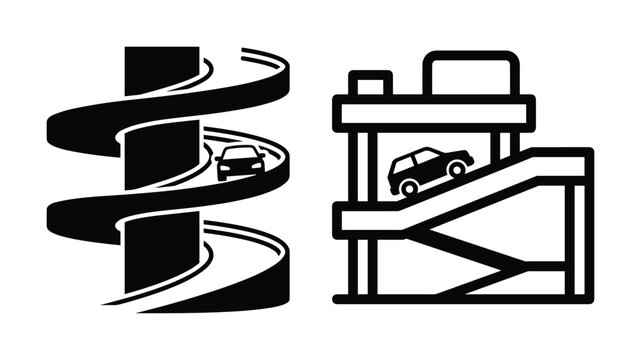 Car parking ramp and spiral road vector illustration. Automobile parking building design for transportation.