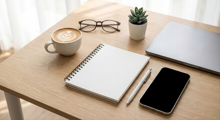 White notebook mockup flatlay on modern office desk with empty notebook, laptop, mobile phone and cup of latte coffee. Modern workspace concept or for study, business and startup needs.