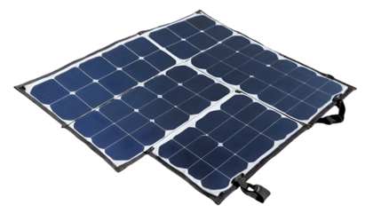 Portable solar panel with multiple dark blue photovoltaic cells on transparent background