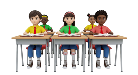 Diverse Cartoon Students in Classroom Learning