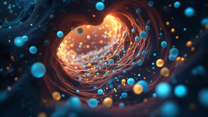 Vibrant digital artwork featuring swirling orange and blue particles in a mesmerizing abstract composition symbolizing energy and motion in a futuristic design concept with glowing elements.