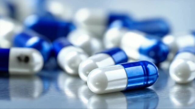 Macro studio image showing blue and white medication capsules on reflective surface conveying pharmaceutical healthcare product concept