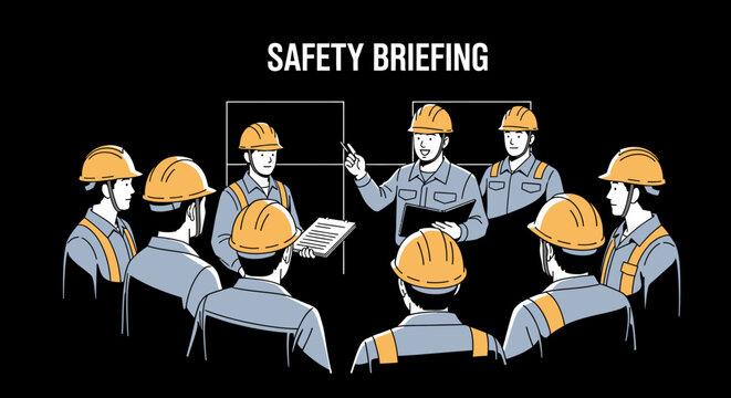 Safety Briefing Vector: Construction Workers Group Meeting for Toolbox Talk. Industrial OHS Training and Instruction Illustration.