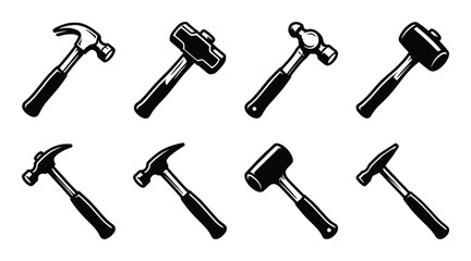 Naklejka premium Collection of hammer illustrations. Different types of hammers in black and white design vector graphics