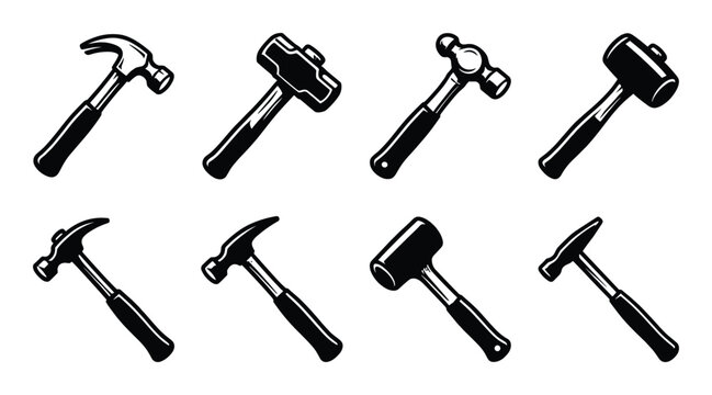 Collection of hammer illustrations. Different types of hammers in black and white design vector graphics