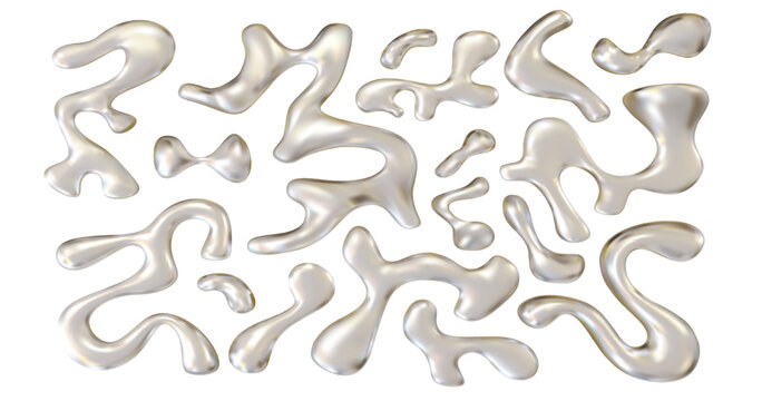 Chrome liquid silver shapes isolated. Realistic metal droplets. Glossy bubbles or blots, platinum fluid with reflective surface