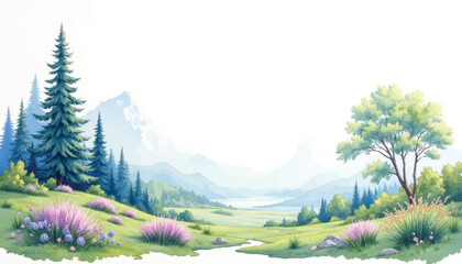 Fototapeta premium A serene watercolor landscape painting of a lush green valley with rolling hills, a winding stream, and distant misty mountains under a bright sky.