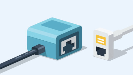 Network adapter and cable connection, isometric view, clean design