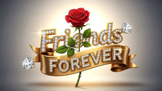 Exquisite golden text proclaiming friends forever adorned with sparkling diamonds and a vibrant red rose sits centrally, symbolizing eternal bonds.