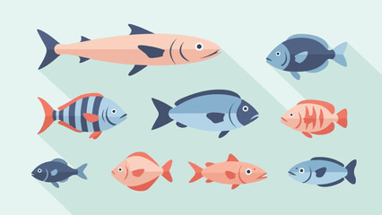 Obraz premium Nine diverse, stylized fish swim across a pale blue background