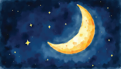 Naklejka premium A beautiful watercolor painting of a crescent moon shining brightly in a dark blue night sky filled with stars and clouds.