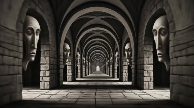 Surreal Hallway with Stone Faces and Arches.