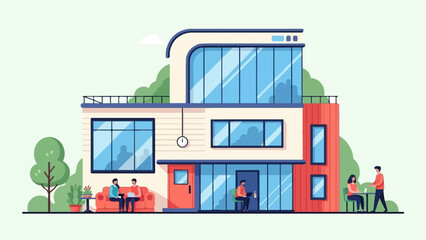 Fototapeta premium Modern architectural building with people working and relaxing outdoors