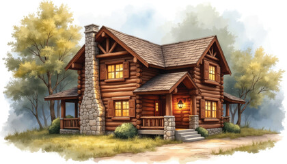 A charming, rustic log cabin nestled amidst a serene, wooded landscape with warm lights glowing from its windows.