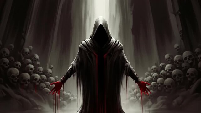 Grim Reaper Stands Amidst Piles of Skulls in Dark Ritualistic Setting.