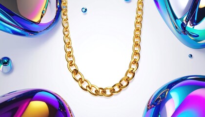 Gold chain necklace against a white backdrop with iridescent, bubble-like orbs