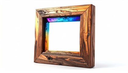 Angled shot of a rustic wooden picture frame with rainbow-like internal glow against white
