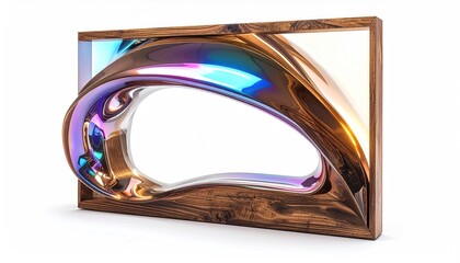 Abstract metallic sculpture with iridescent sheen set in a wooden frame against a white backdrop