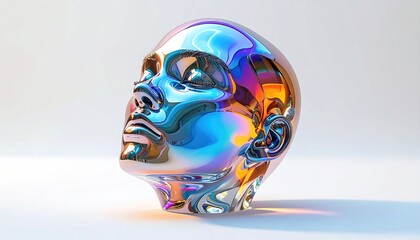 A chrome-like, abstract head with iridescent colors, set against a bright, white background