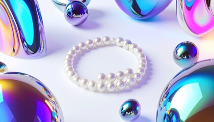 A pearl bracelet centers against a white backdrop, surrounded by iridescent, shapeless spheres