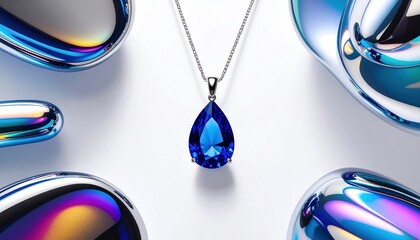 A pear-shaped blue gemstone pendant hangs on a silver chain, surrounded by reflective orbs