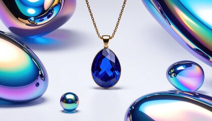 A golden necklace with a teardrop sapphire pendant surrounded by iridescent, amorphous shapes