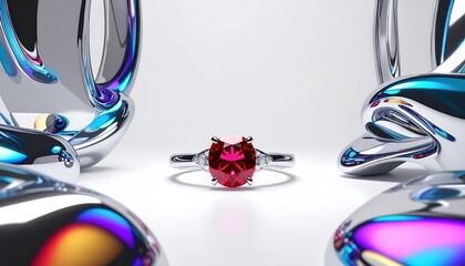 A sparkling red gemstone ring, flanked by abstract, iridescent, chrome sculptures on a white surface