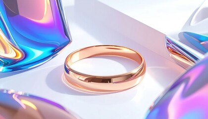 Gold ring on white surface surrounded by iridescent abstract shapes, soft lighting