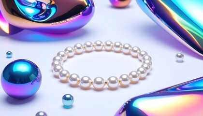 A lustrous pearl bracelet rests amidst iridescent orbs on a light-colored surface
