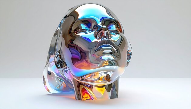 Highly reflective human head sculpture with iridescent finish against a soft white background