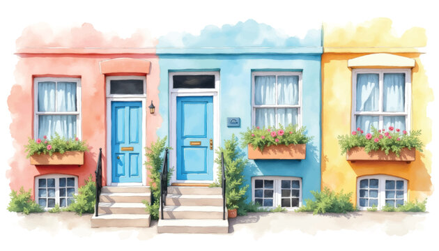 Watercolor painting of three colorful terraced houses with blue doors and window boxes filled with flowers.