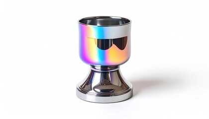 A metallic goblet with a holographic finish and sunglasses silhouette