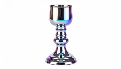 A shiny, silver metal chalice with a pedestal base, reflecting colorful light