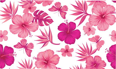 Obraz premium Pink tropical hibiscus flowers seamless pattern with butterflies and exotic leaves, vibrant floral vector background design